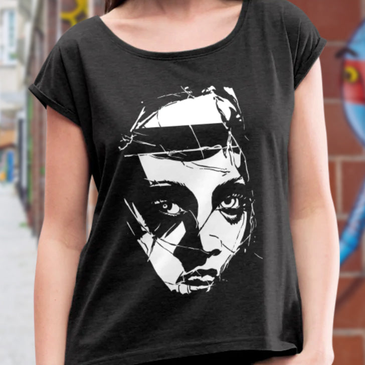 Big abstract face - T-Shirt with rolled up sleeves for Women