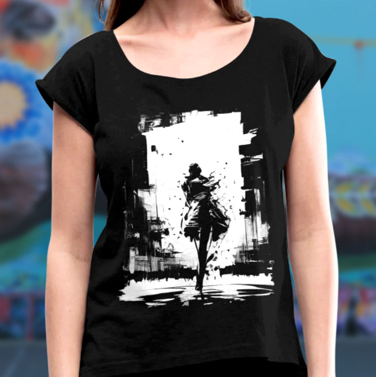 Streetphotography weiß - T-Shirt mit aufgerollten Ärmeln für Frauen