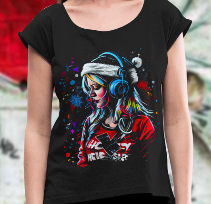 Buntes Santa DJ Girl - T-Shirt mit aufgerollten Ärmeln für Frauen