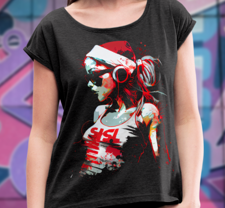 Santa DJ - T-Shirt mit aufgerollten Ärmeln für Frauen